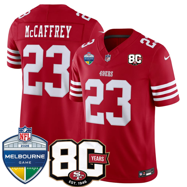 Men's Red San Francisco 49ers #23 Christian McCaffrey 80th Anniversary And Melbourne Game Patch 2026 F.U.S.E. Vapor Untouchabl2026 F.U.S.E. Vapor Untouchable Limited Stitched Football Jersey